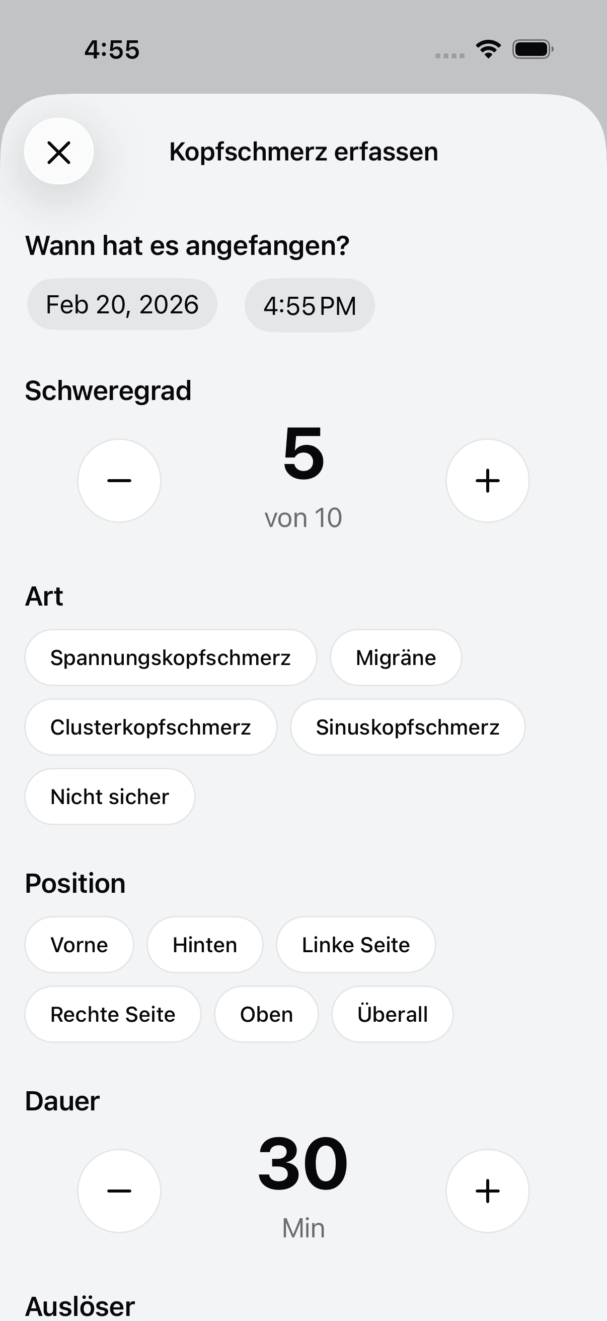 Add new headache log entry screen