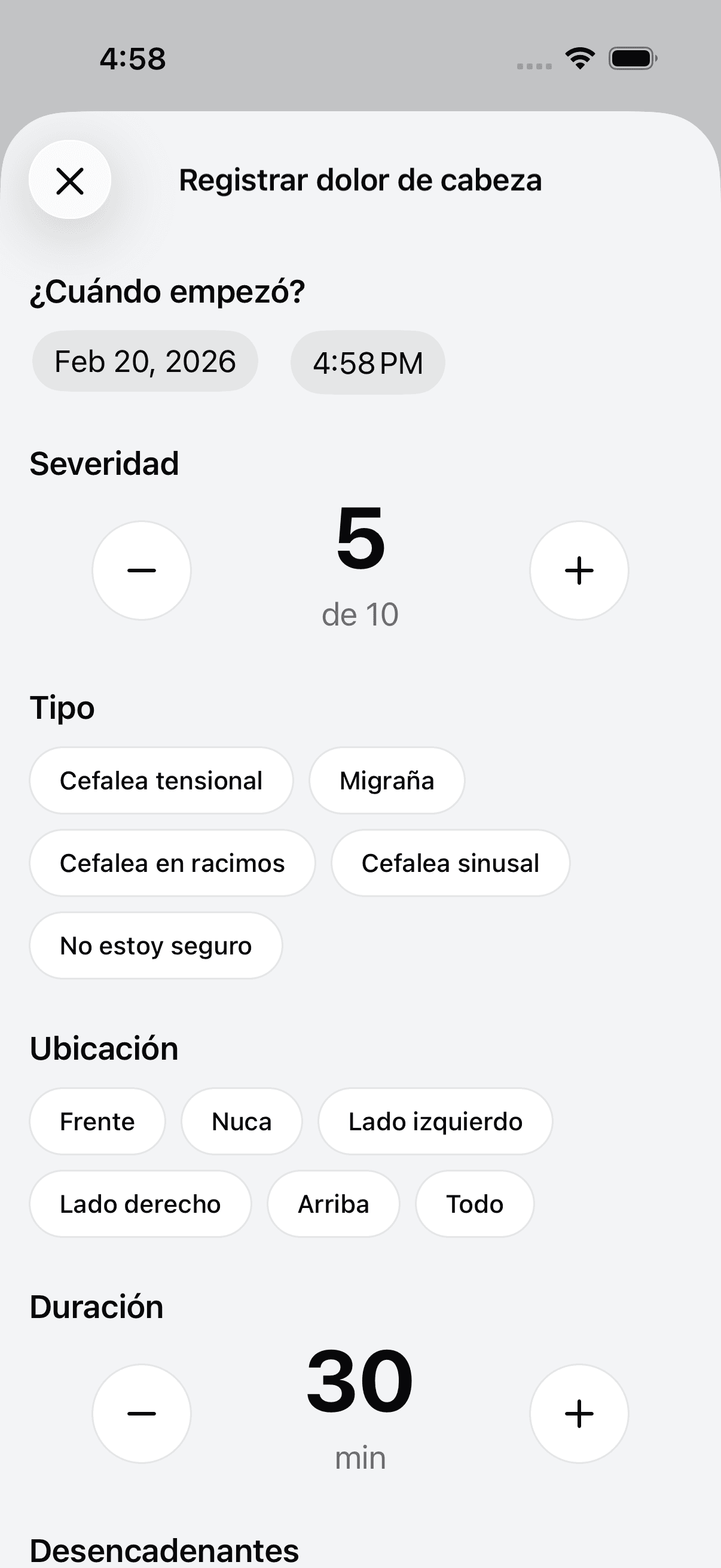 Add new headache log entry screen