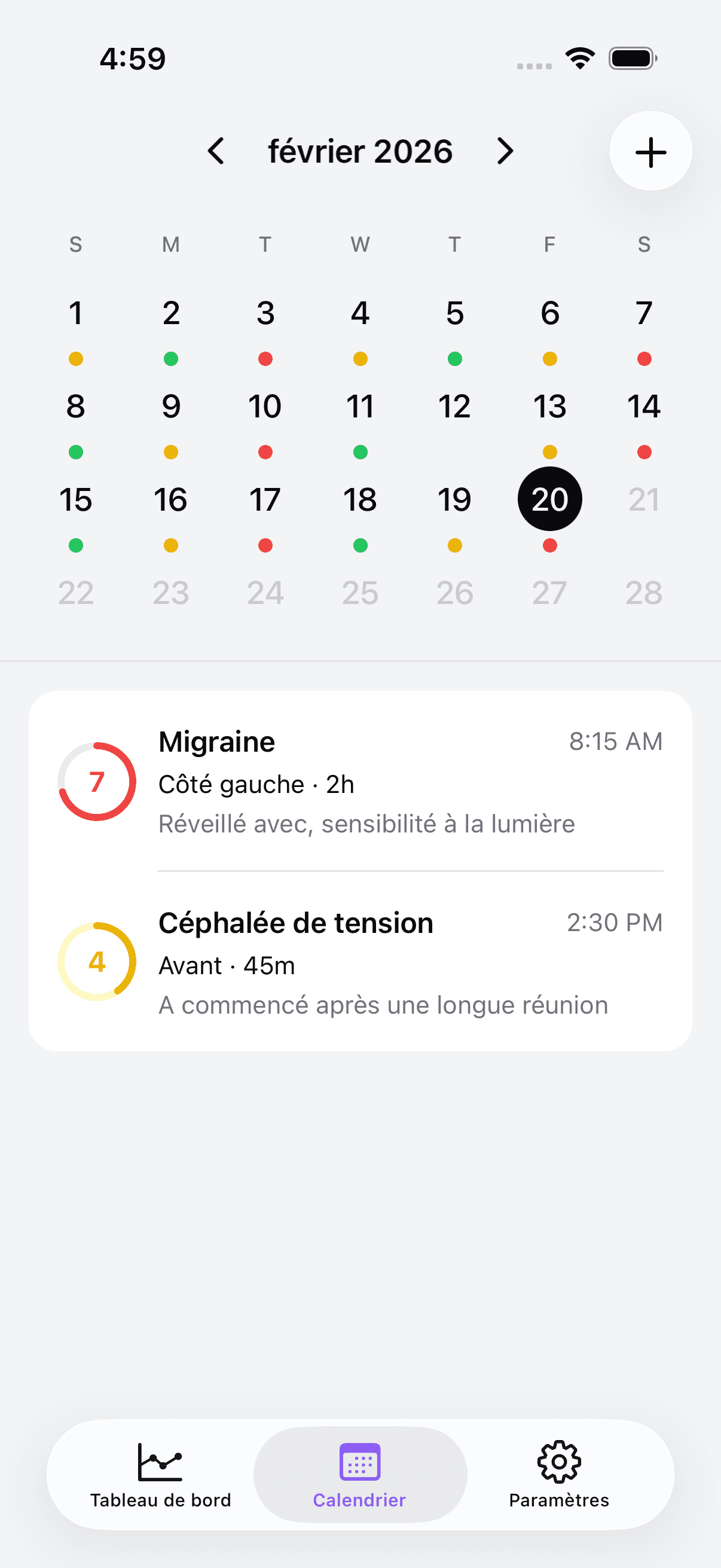 Calendar view with color-coded headache entries