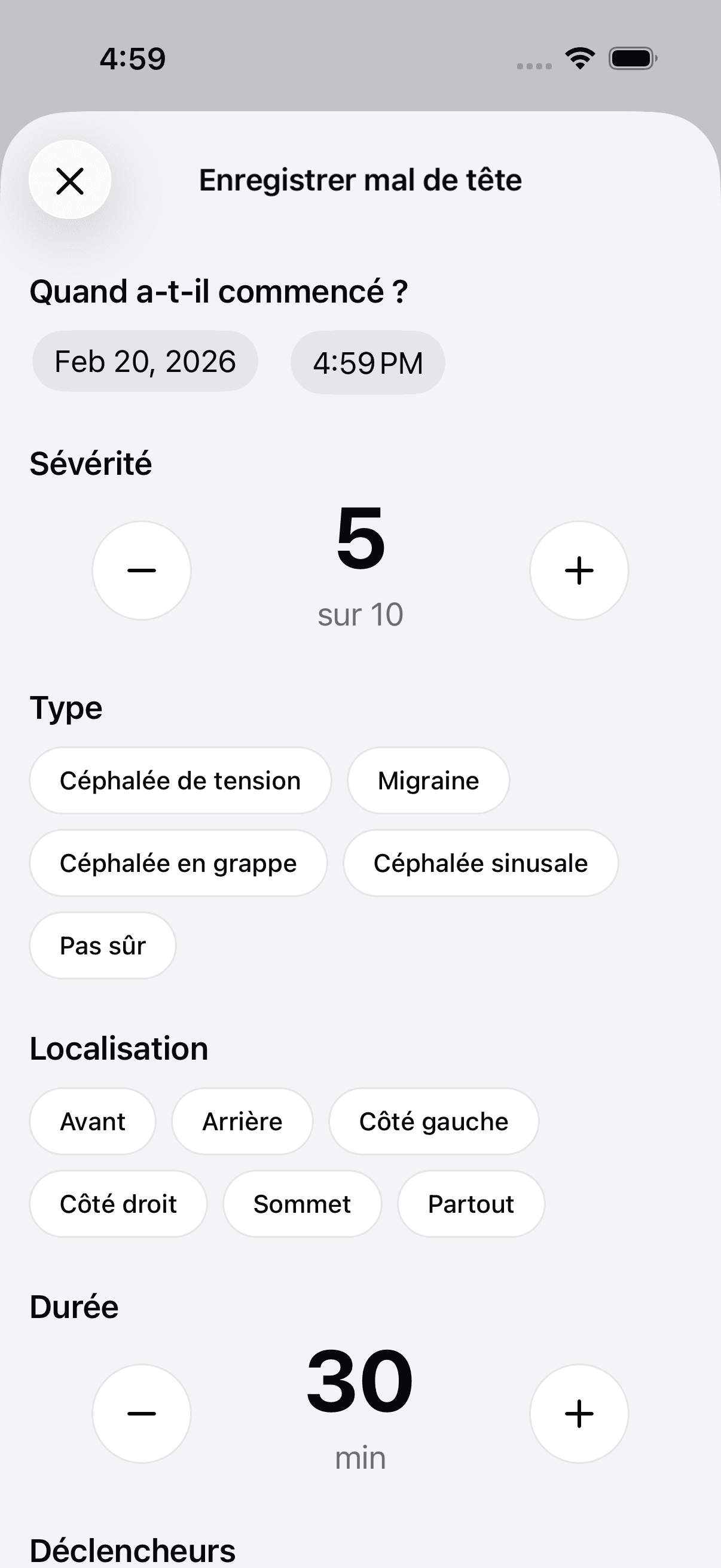 Add new headache log entry screen