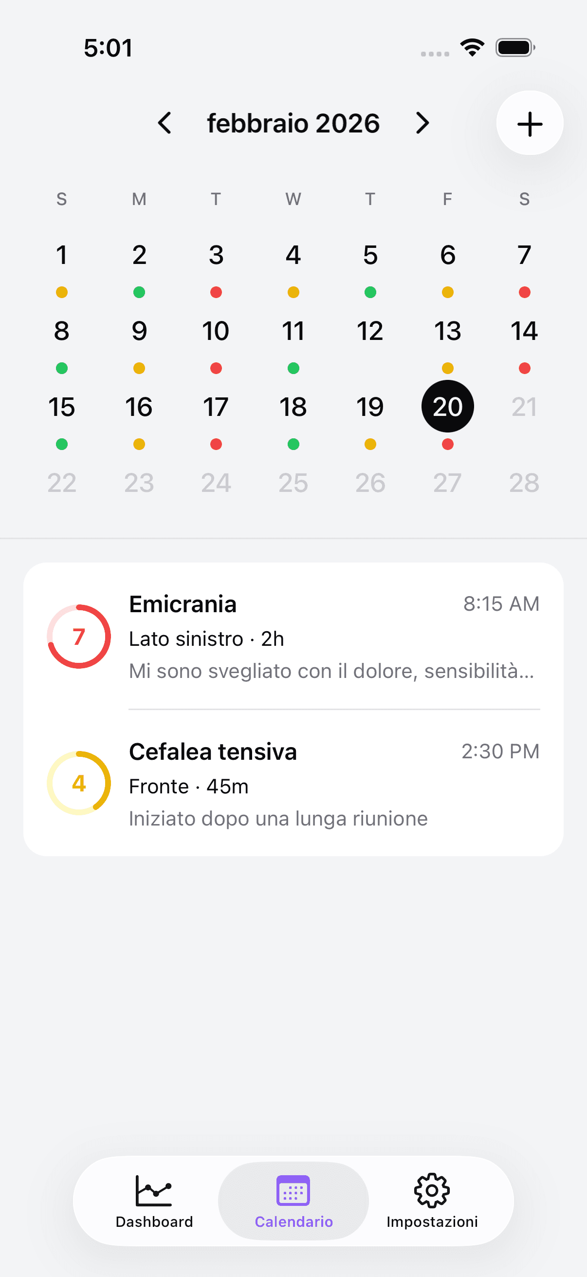 Calendar view with color-coded headache entries