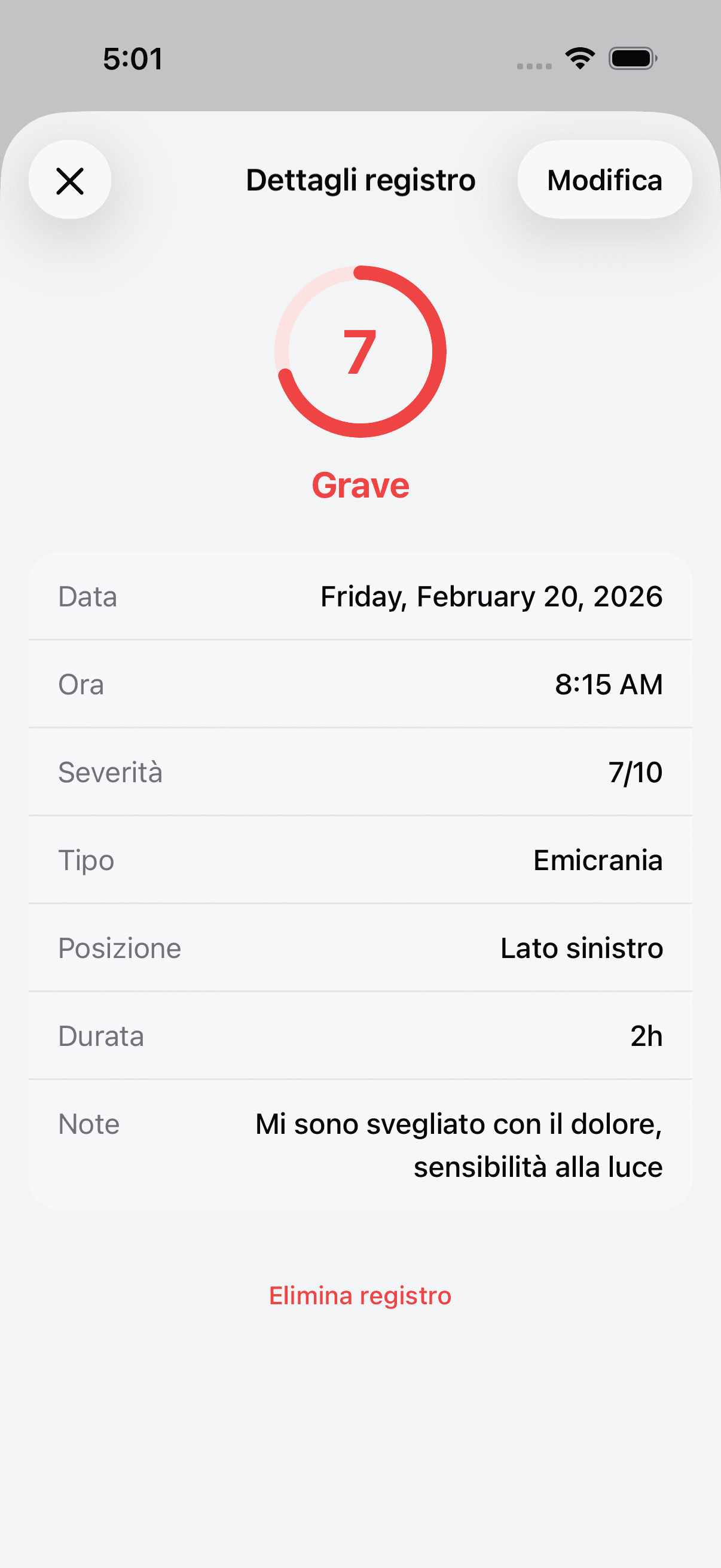 Detailed view of a headache log entry