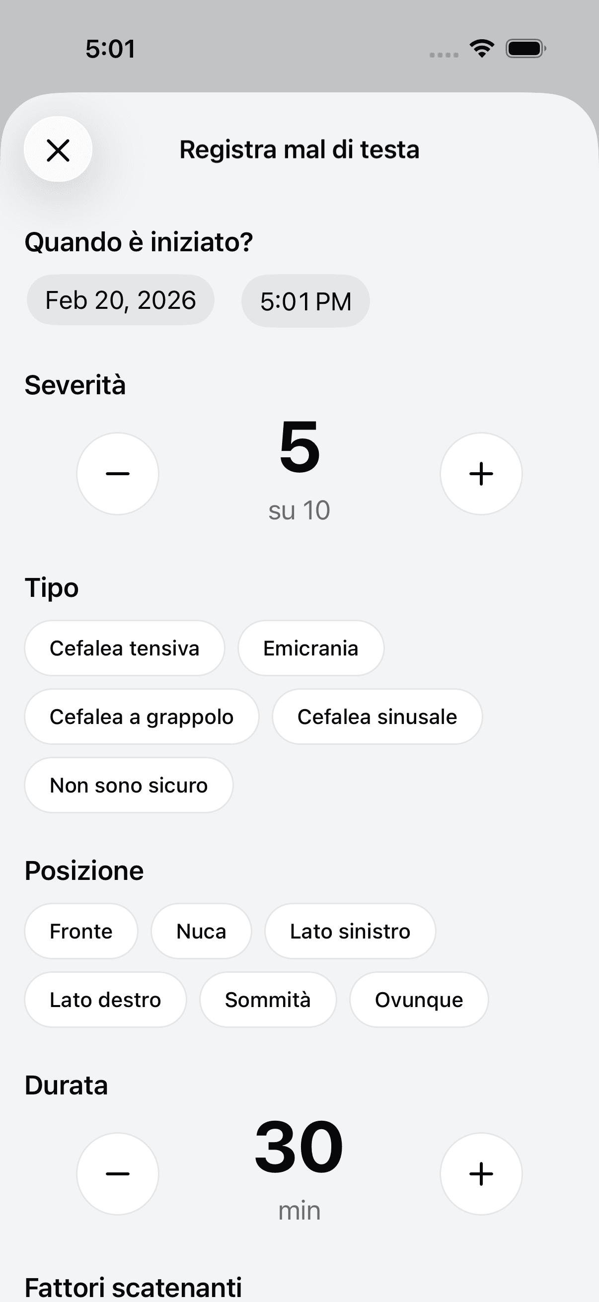 Add new headache log entry screen
