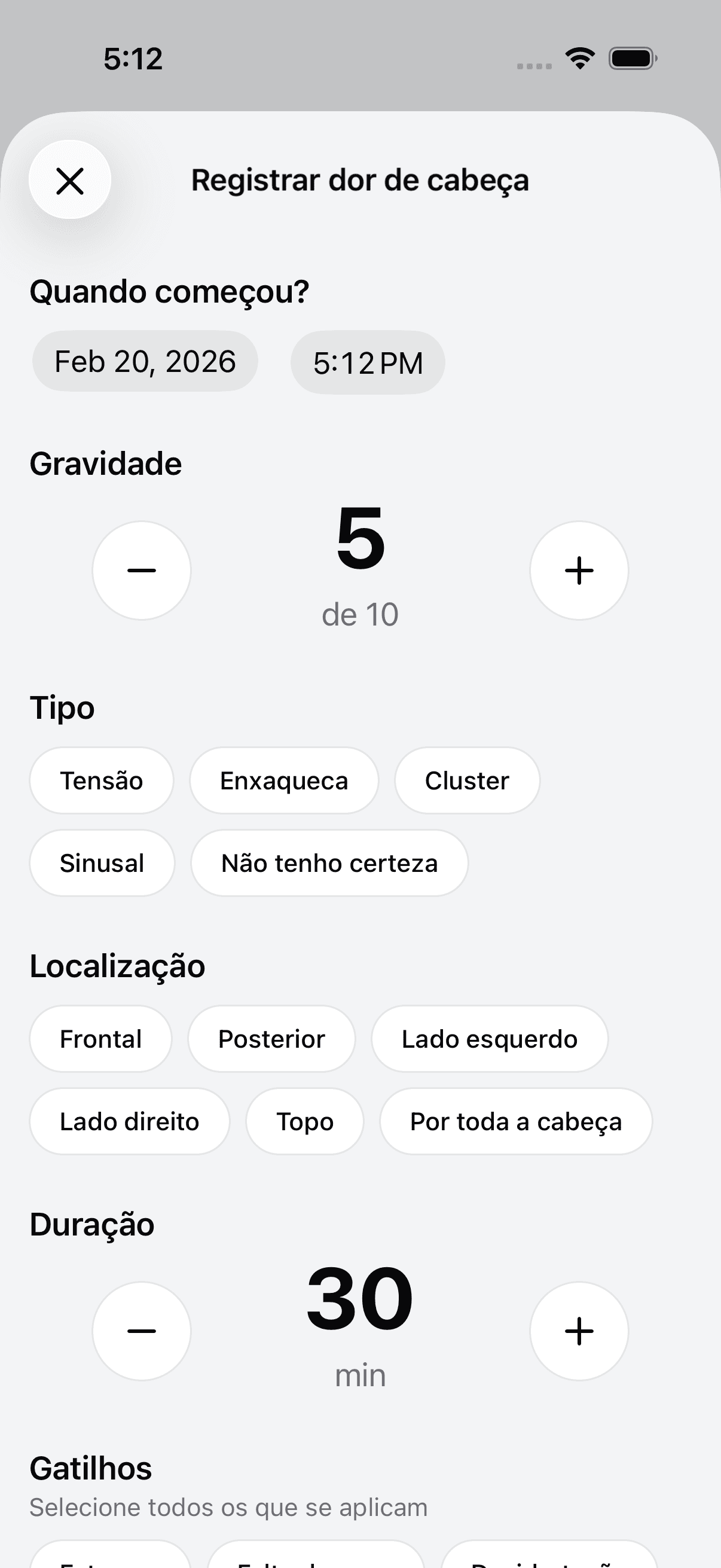 Add new headache log entry screen