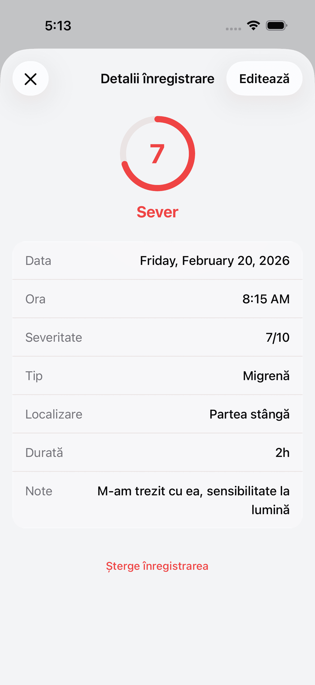 Detailed view of a headache log entry