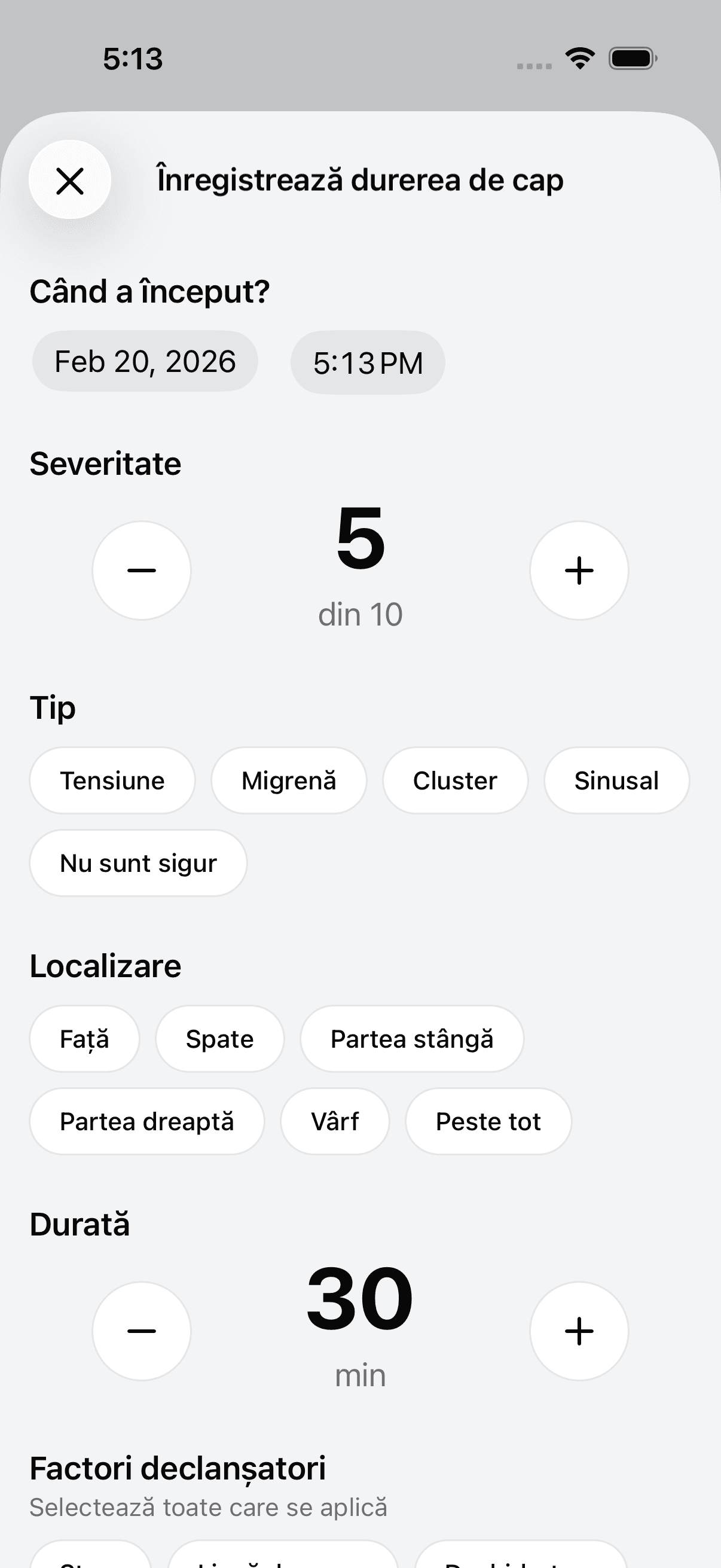 Add new headache log entry screen