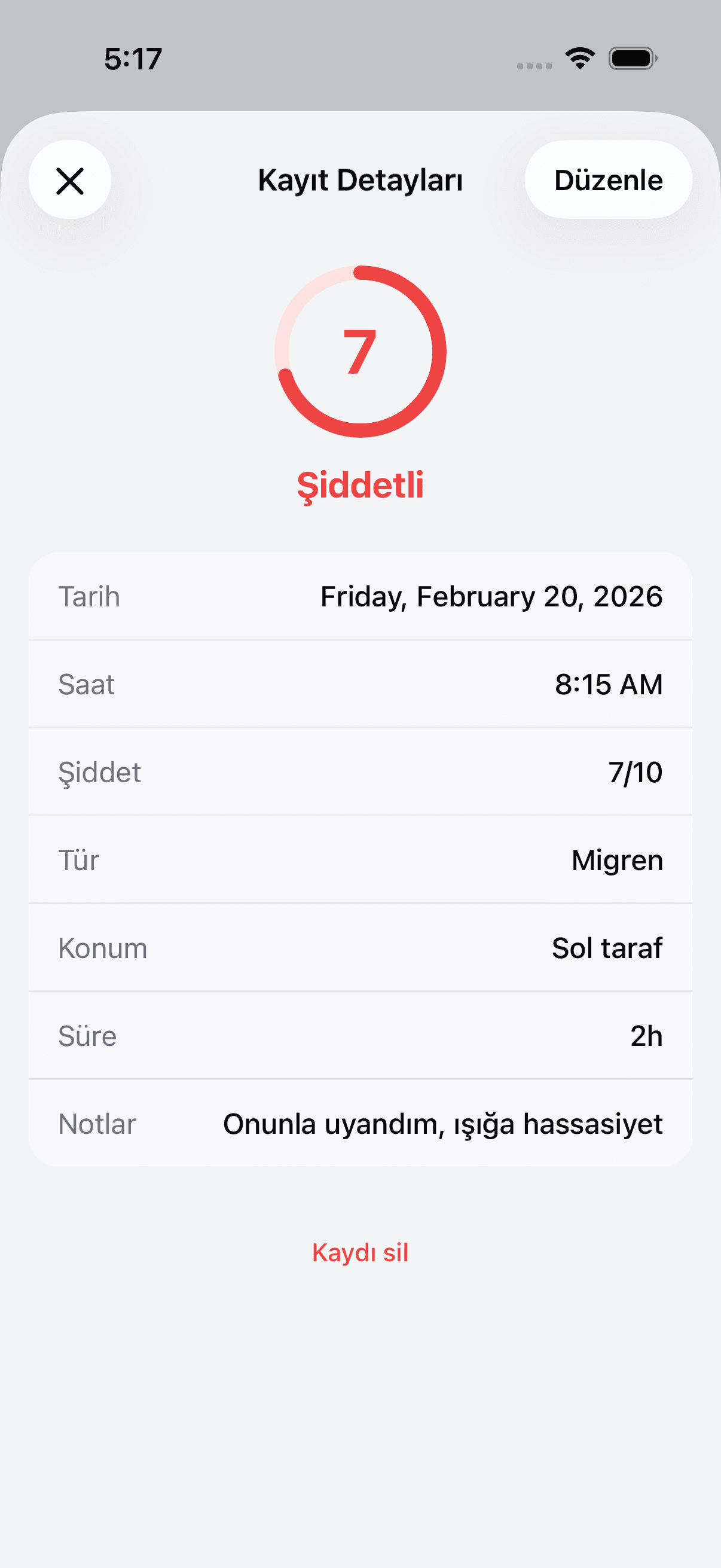 Detailed view of a headache log entry