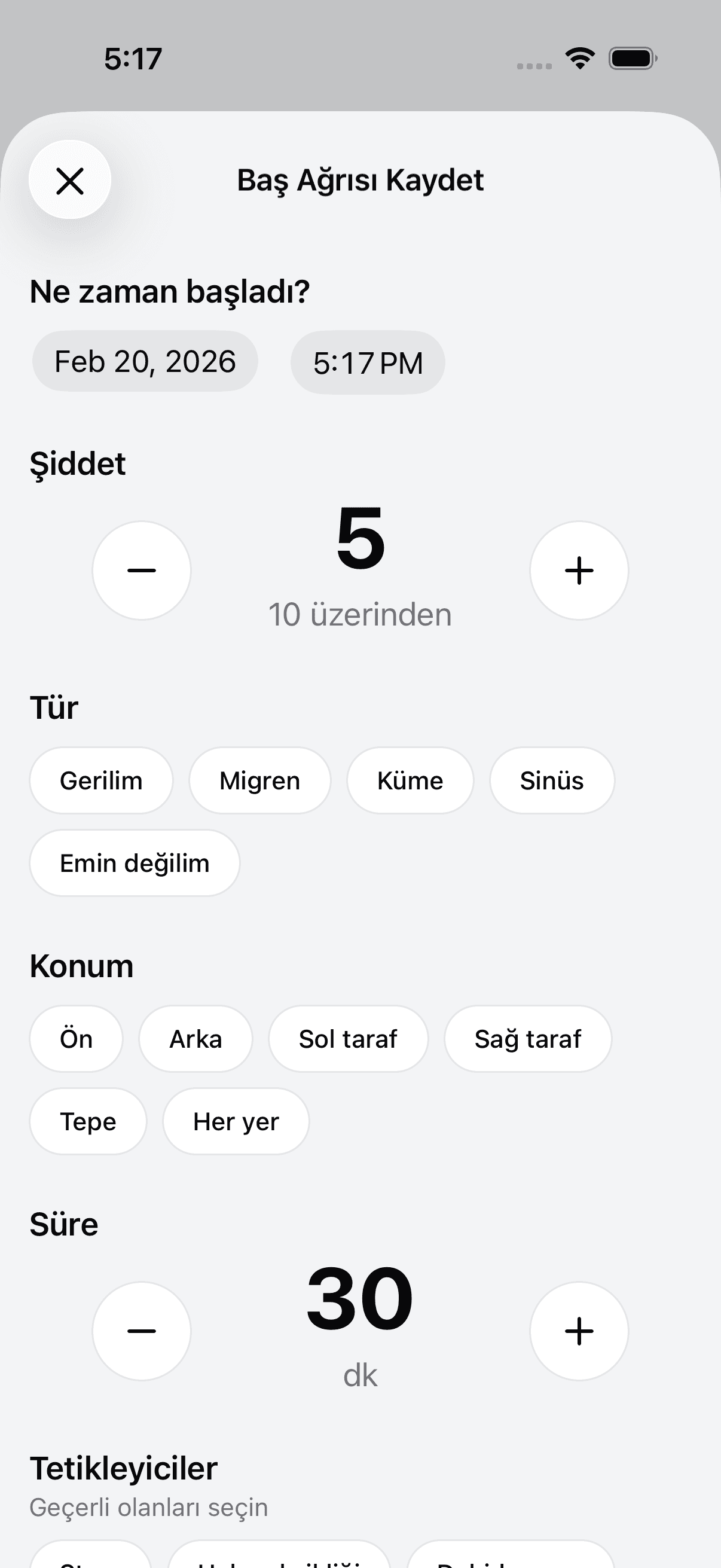 Add new headache log entry screen