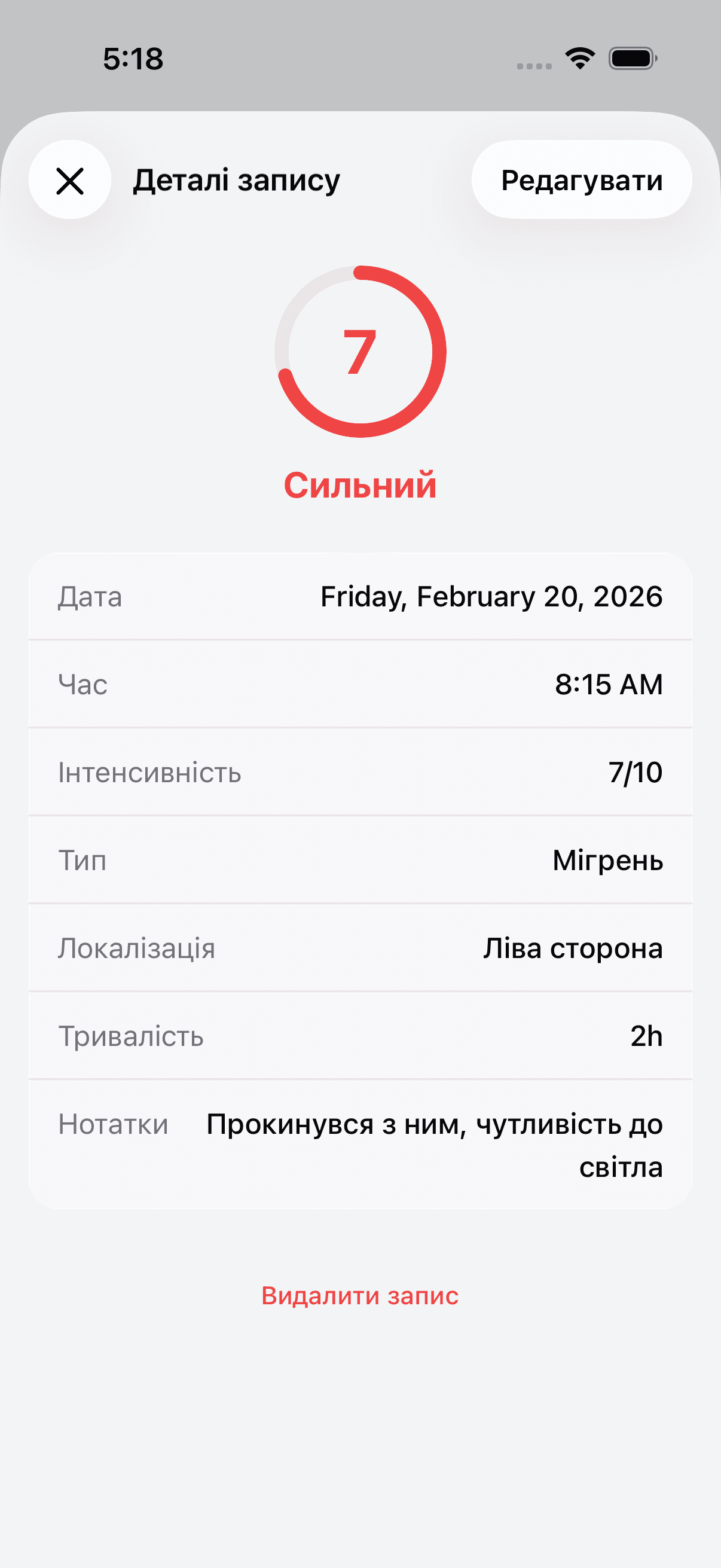 Detailed view of a headache log entry