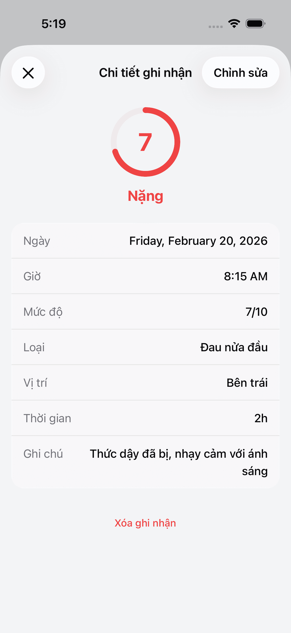 Detailed view of a headache log entry