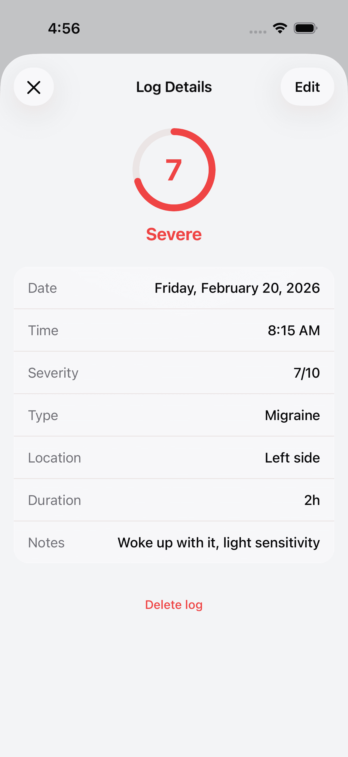 Detailed view of a headache log entry